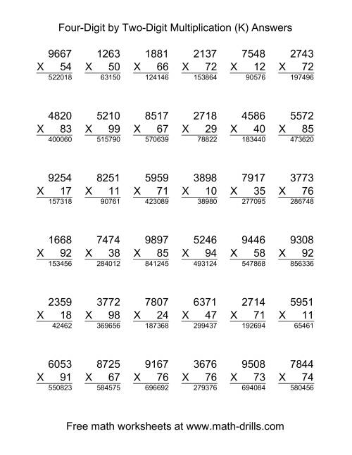 The Multiplying Four-Digit by Two-Digit -- 36 per page (K) Math Worksheet Page 2