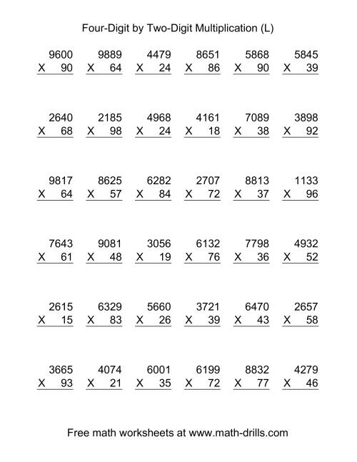 The Multiplying Four-Digit by Two-Digit -- 36 per page (L) Math Worksheet