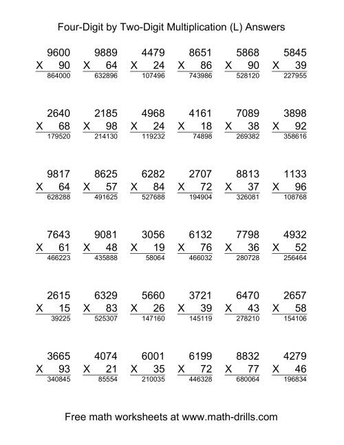 The Multiplying Four-Digit by Two-Digit -- 36 per page (L) Math Worksheet Page 2