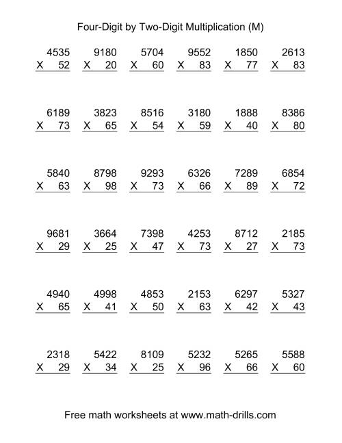 The Multiplying Four-Digit by Two-Digit -- 36 per page (M) Math Worksheet