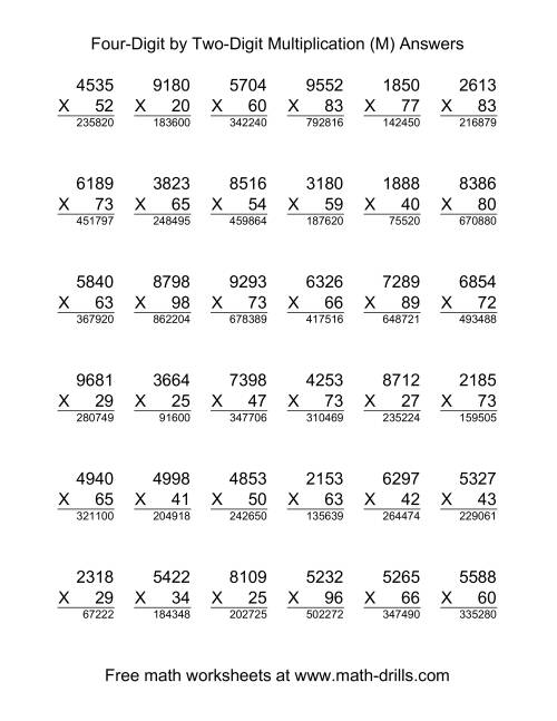 The Multiplying Four-Digit by Two-Digit -- 36 per page (M) Math Worksheet Page 2