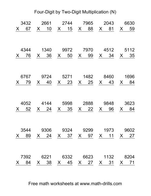 The Multiplying Four-Digit by Two-Digit -- 36 per page (N) Math Worksheet