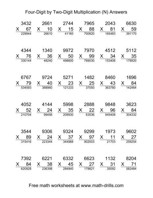 The Multiplying Four-Digit by Two-Digit -- 36 per page (N) Math Worksheet Page 2