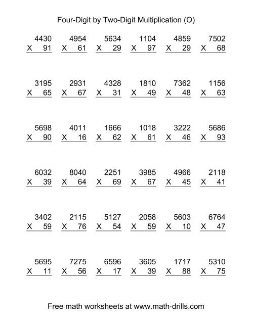 The Multiplying Four-Digit by Two-Digit -- 36 per page (O) Math Worksheet