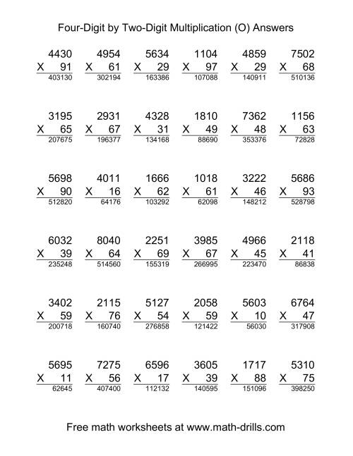 The Multiplying Four-Digit by Two-Digit -- 36 per page (O) Math Worksheet Page 2