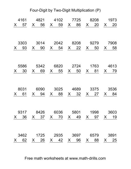 The Multiplying Four-Digit by Two-Digit -- 36 per page (P) Math Worksheet