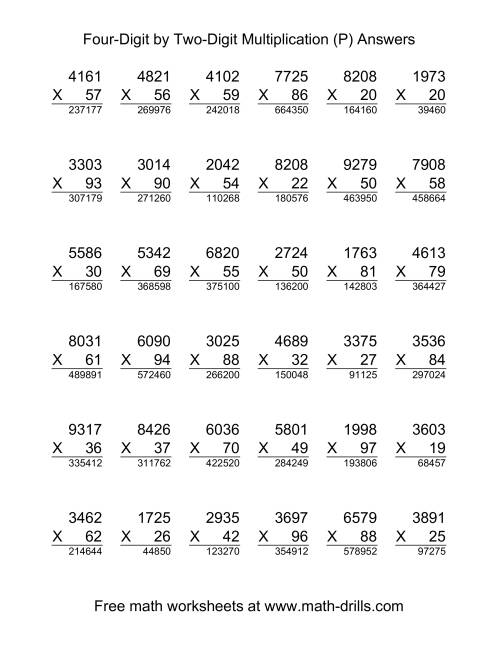 The Multiplying Four-Digit by Two-Digit -- 36 per page (P) Math Worksheet Page 2