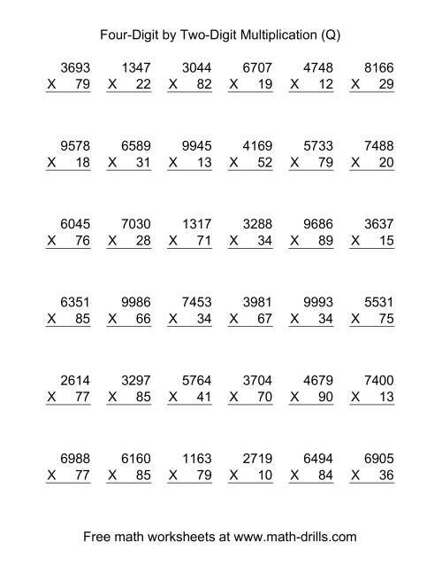 The Multiplying Four-Digit by Two-Digit -- 36 per page (Q) Math Worksheet