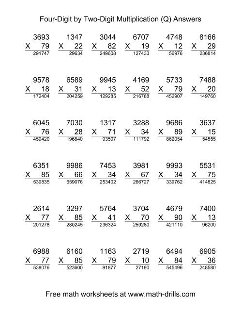 The Multiplying Four-Digit by Two-Digit -- 36 per page (Q) Math Worksheet Page 2