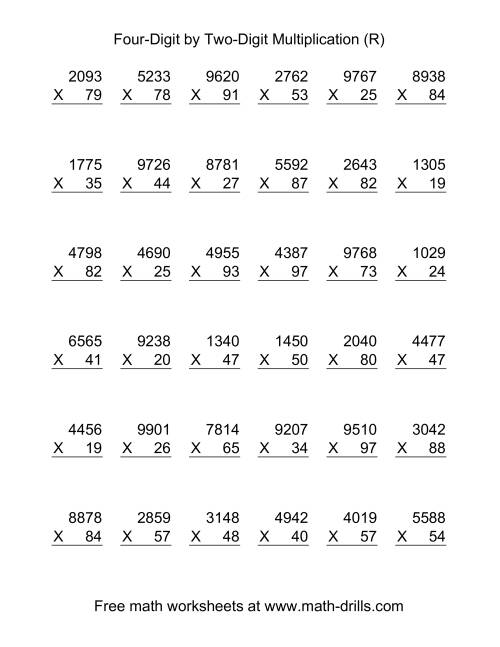 The Multiplying Four-Digit by Two-Digit -- 36 per page (R) Math Worksheet