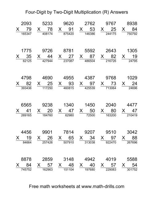 The Multiplying Four-Digit by Two-Digit -- 36 per page (R) Math Worksheet Page 2