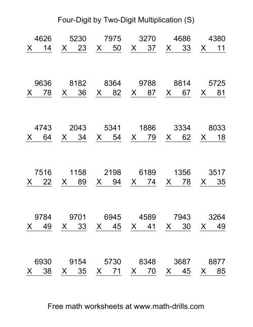 The Multiplying Four-Digit by Two-Digit -- 36 per page (S) Math Worksheet