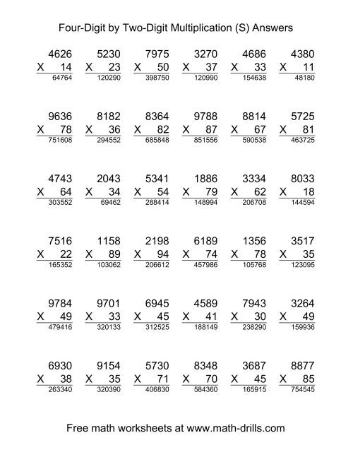 The Multiplying Four-Digit by Two-Digit -- 36 per page (S) Math Worksheet Page 2