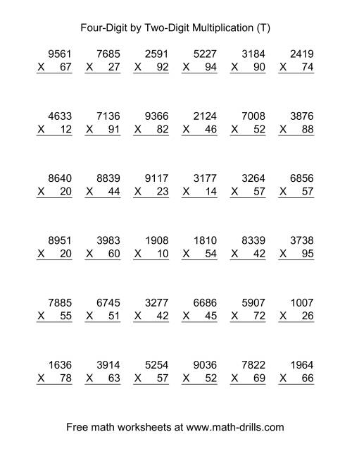The Multiplying Four-Digit by Two-Digit -- 36 per page (T) Math Worksheet