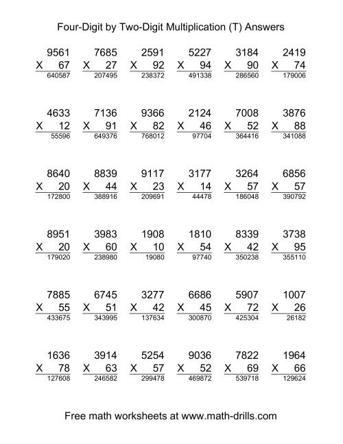 The Multiplying Four-Digit by Two-Digit -- 36 per page (T) Math Worksheet Page 2