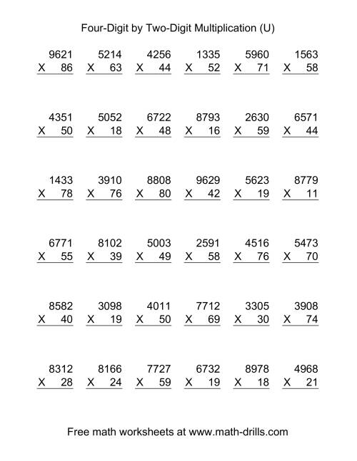 The Multiplying Four-Digit by Two-Digit -- 36 per page (U) Math Worksheet