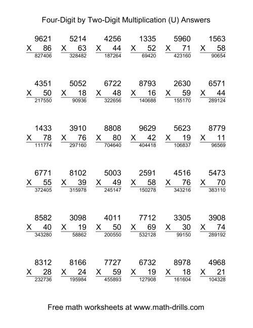 The Multiplying Four-Digit by Two-Digit -- 36 per page (U) Math Worksheet Page 2