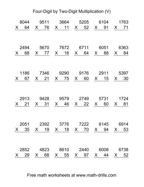 The Multiplying Four-Digit by Two-Digit -- 36 per page (V) Math Worksheet