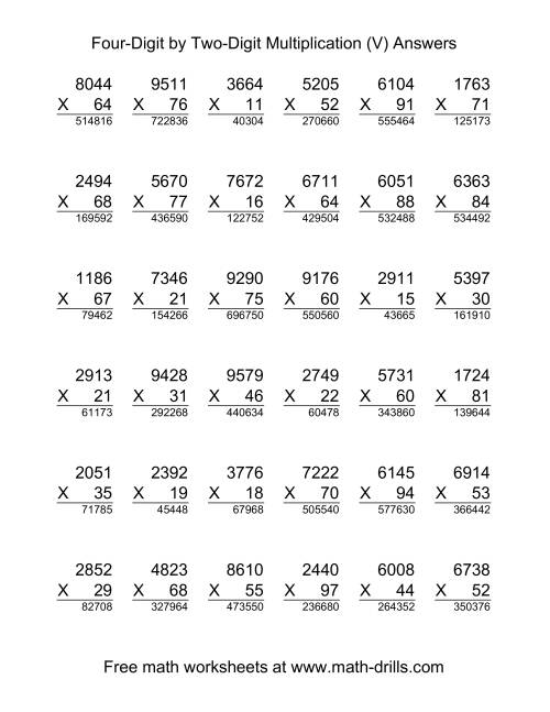 The Multiplying Four-Digit by Two-Digit -- 36 per page (V) Math Worksheet Page 2