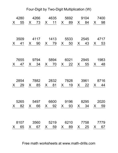 The Multiplying Four-Digit by Two-Digit -- 36 per page (W) Math Worksheet