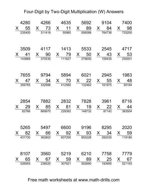 The Multiplying Four-Digit by Two-Digit -- 36 per page (W) Math Worksheet Page 2