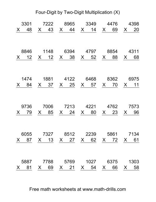 The Multiplying Four-Digit by Two-Digit -- 36 per page (X) Math Worksheet