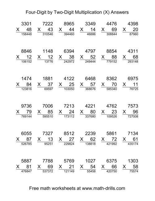 The Multiplying Four-Digit by Two-Digit -- 36 per page (X) Math Worksheet Page 2