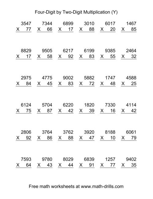 The Multiplying Four-Digit by Two-Digit -- 36 per page (Y) Math Worksheet