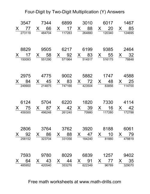 The Multiplying Four-Digit by Two-Digit -- 36 per page (Y) Math Worksheet Page 2