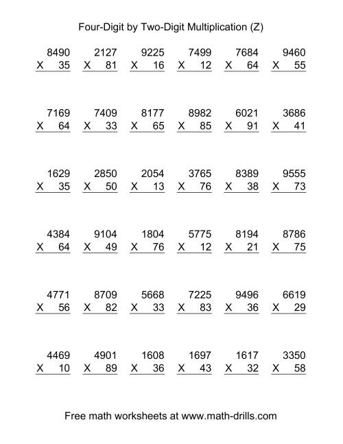 The Multiplying Four-Digit by Two-Digit -- 36 per page (Z) Math Worksheet