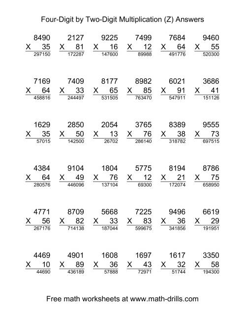 The Multiplying Four-Digit by Two-Digit -- 36 per page (Z) Math Worksheet Page 2