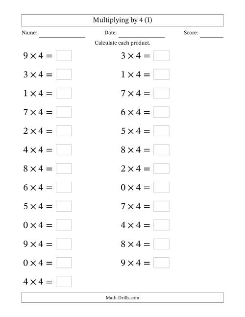 The Horizontally Arranged Multiplying (0 to 9) by 4 (25 Questions; Large Print) (I) Math Worksheet