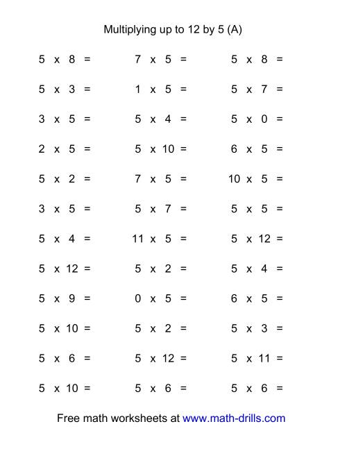 36 Horizontal Multiplication Facts Questions -- 5 by 0-12 (A)