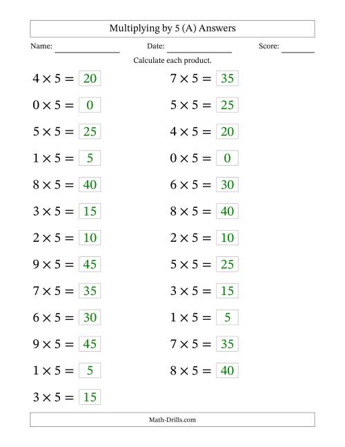 The 36 Horizontal Multiplication Facts Questions -- 5 by 0-9 (A) Math Worksheet Page 2