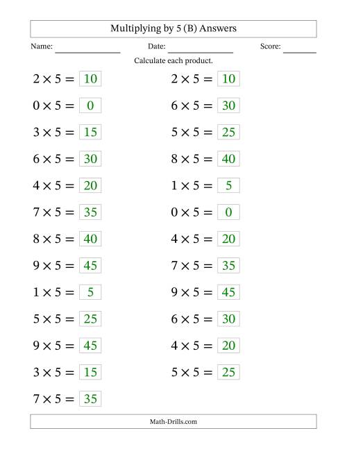 The Horizontally Arranged Multiplying (0 to 9) by 5 (25 Questions; Large Print) (B) Math Worksheet Page 2