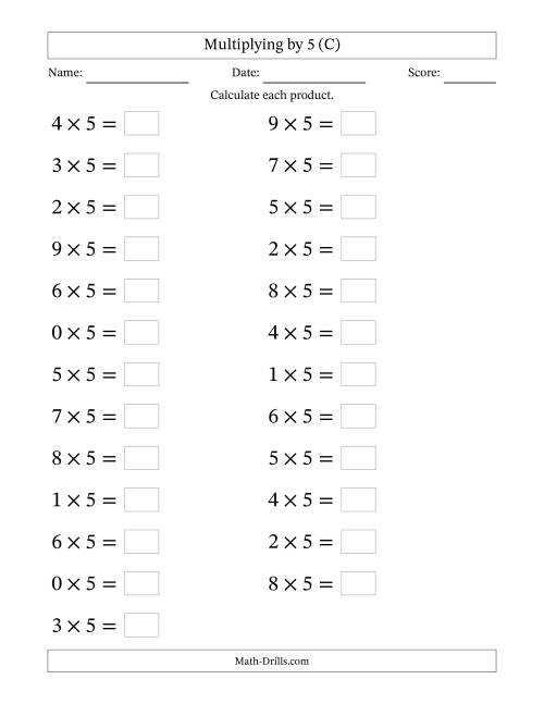 The 36 Horizontal Multiplication Facts Questions -- 5 by 0-9 (C) Math Worksheet