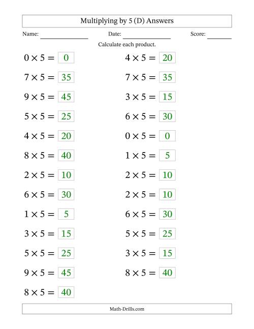 The 36 Horizontal Multiplication Facts Questions -- 5 by 0-9 (D) Math Worksheet Page 2