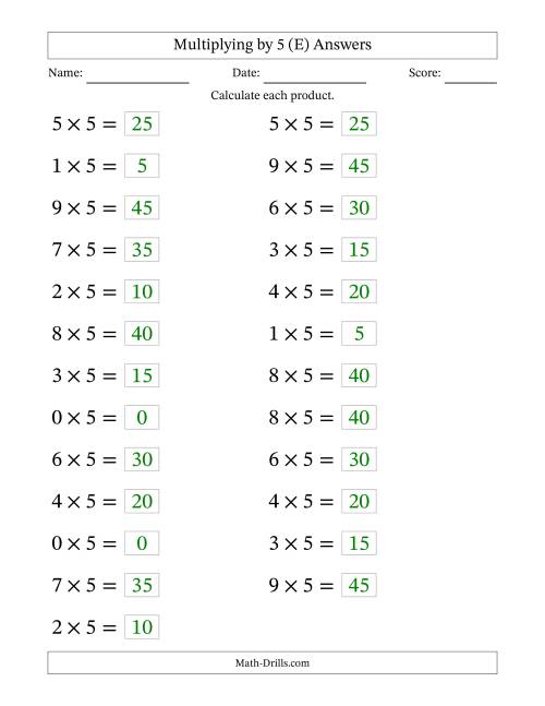 The Horizontally Arranged Multiplying (0 to 9) by 5 (25 Questions; Large Print) (E) Math Worksheet Page 2