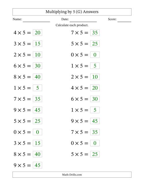 The Horizontally Arranged Multiplying (0 to 9) by 5 (25 Questions; Large Print) (G) Math Worksheet Page 2