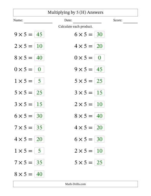 The Horizontally Arranged Multiplying (0 to 9) by 5 (25 Questions; Large Print) (H) Math Worksheet Page 2
