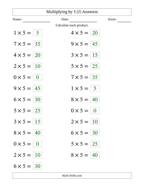 The Horizontally Arranged Multiplying (0 to 9) by 5 (25 Questions; Large Print) (J) Math Worksheet Page 2