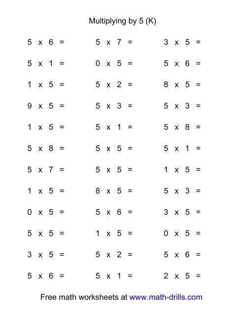 The 36 Horizontal Multiplication Facts Questions -- 5 by 0-9 (K) Math Worksheet