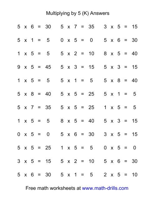The 36 Horizontal Multiplication Facts Questions -- 5 by 0-9 (K) Math Worksheet Page 2