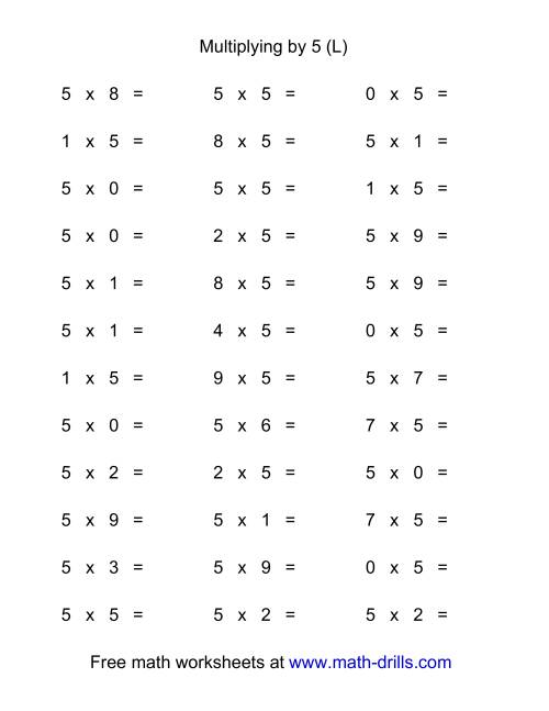 The 36 Horizontal Multiplication Facts Questions -- 5 by 0-9 (L) Math Worksheet
