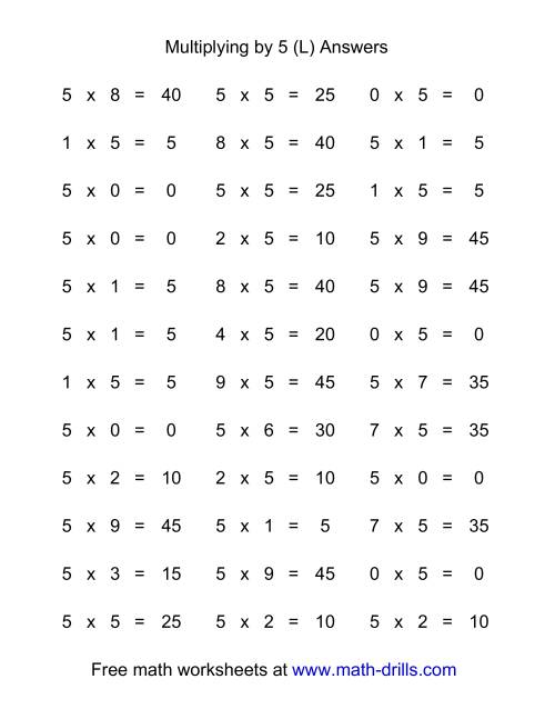 The 36 Horizontal Multiplication Facts Questions -- 5 by 0-9 (L) Math Worksheet Page 2