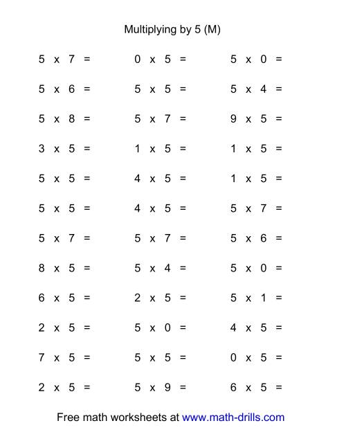 The 36 Horizontal Multiplication Facts Questions -- 5 by 0-9 (M) Math Worksheet