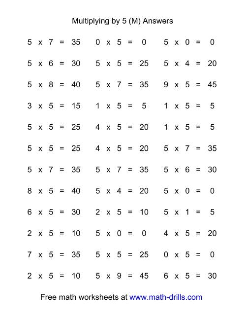The 36 Horizontal Multiplication Facts Questions -- 5 by 0-9 (M) Math Worksheet Page 2