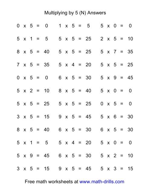 The 36 Horizontal Multiplication Facts Questions -- 5 by 0-9 (N) Math Worksheet Page 2