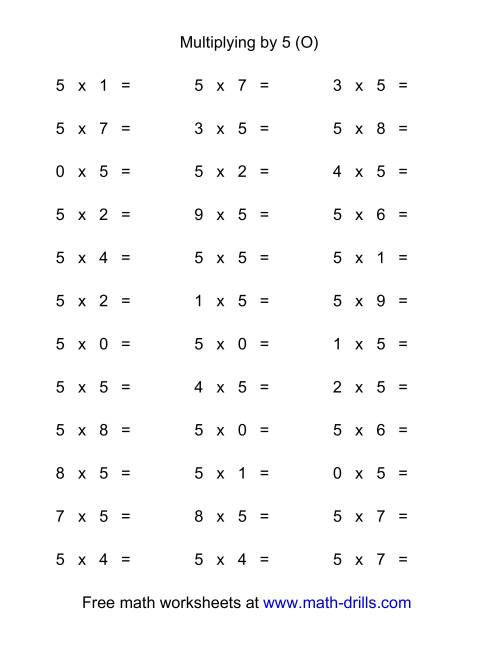 The 36 Horizontal Multiplication Facts Questions -- 5 by 0-9 (O) Math Worksheet