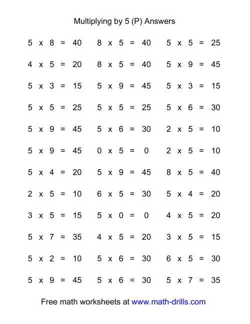 The 36 Horizontal Multiplication Facts Questions -- 5 by 0-9 (P) Math Worksheet Page 2